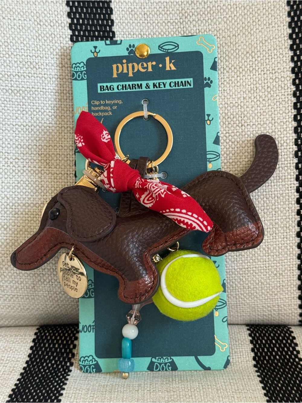 Piper K Dachshund “Doxie” Dog Bag Charm w/ Red Bandana and Tennis Ball